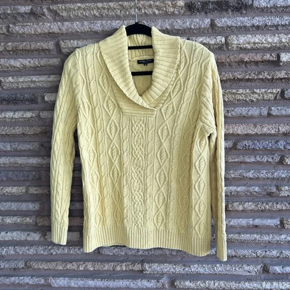 Jeanne Pierre Yellow Cable Knit 100% Cotton Shawl Collar Sweater Size 1X - Picture 1 of 5